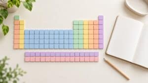 Grid of blank pastel tiles arranged like a periodic table beside a pencil and notebook