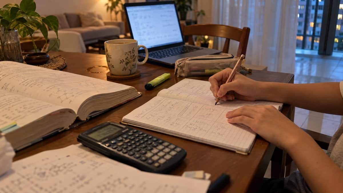 A hand sketches a grid in a paper notebook beside a textbook, calculator, and mug of tea under warm lamp light.
